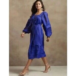 Banana Republic Midi Ramie Royal Blue Dress Sz S Peasant Boho Belted